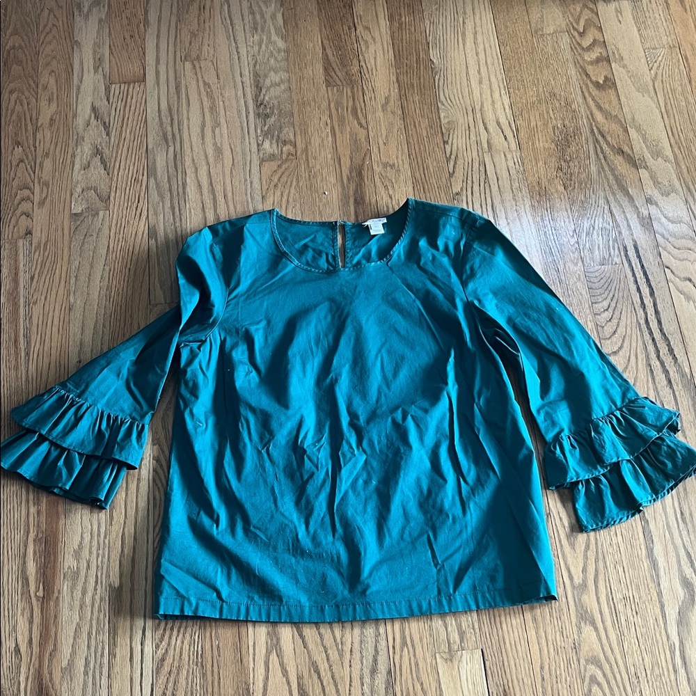J. Crew Factory Forrest Green Ruffle Sleeve Women's Top